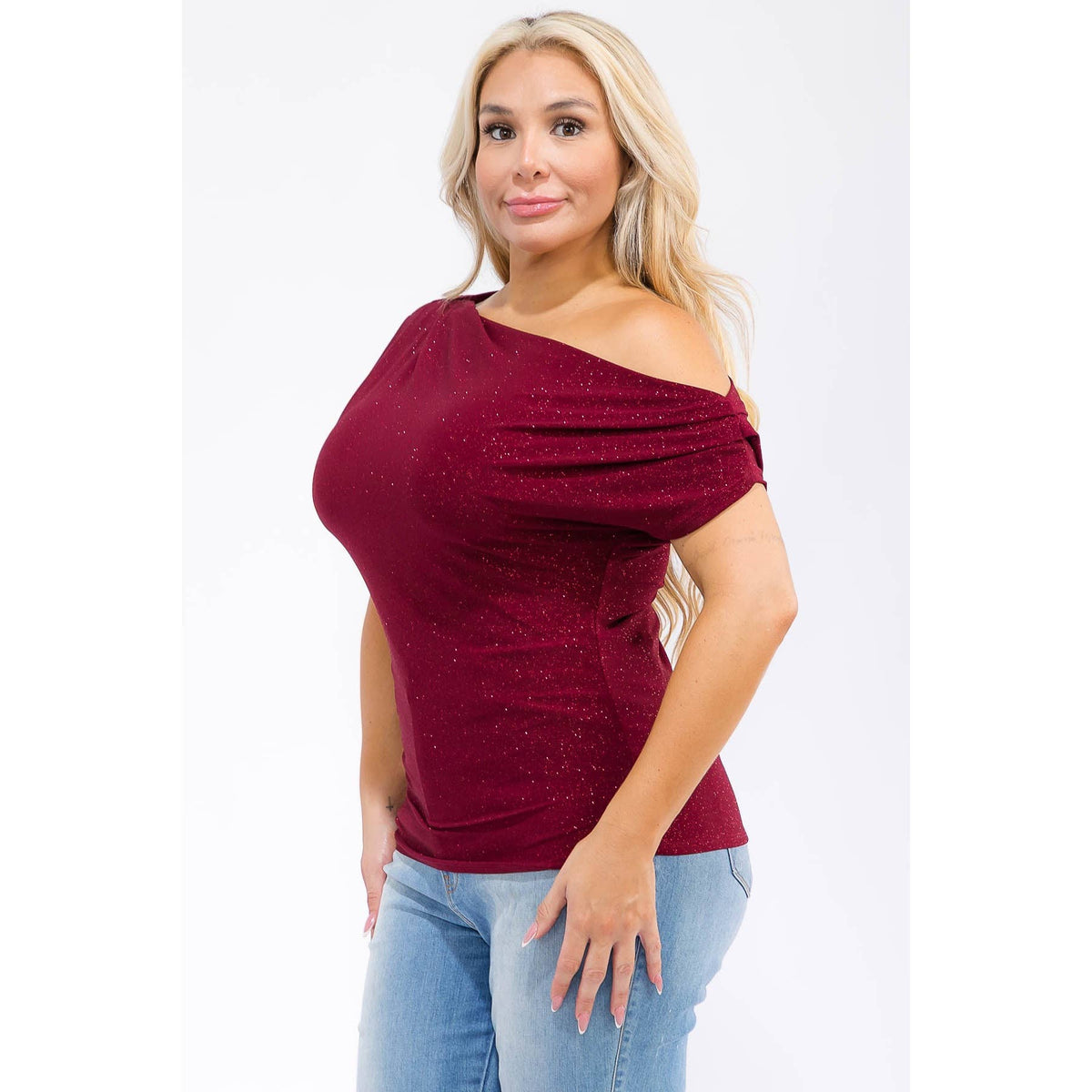 PLUS SIZE GLITTER OFF SHOULDER RUCHED SLEEVE TOP