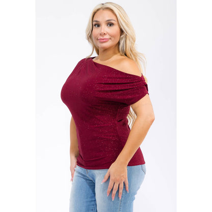 PLUS SIZE GLITTER OFF SHOULDER RUCHED SLEEVE TOP