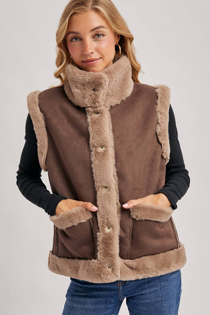 FAUX SUEDE WITH FAUX SHEARLING LINING TRIM VEST