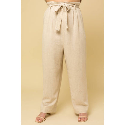 PLUS SIZE PAPERBAG WAIST TIE BELT WIDE LEG PANTS: SAGE / 2X