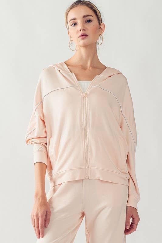 KJR11898 HOODED ZIP UP OUTER SEAM SWEATER: SURF SPRAY / S-2/M-2/L-2