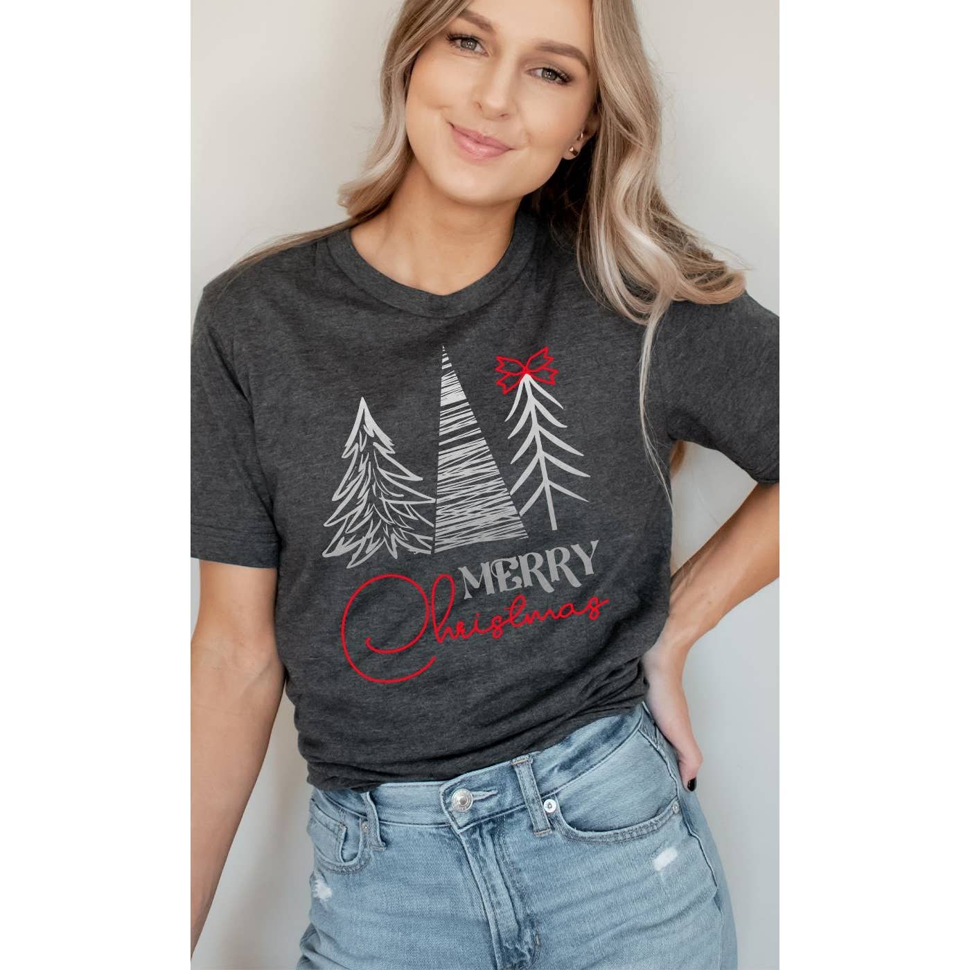 Merry Christmas, Silver Pine Trees, Red Bow, Holiday Tee