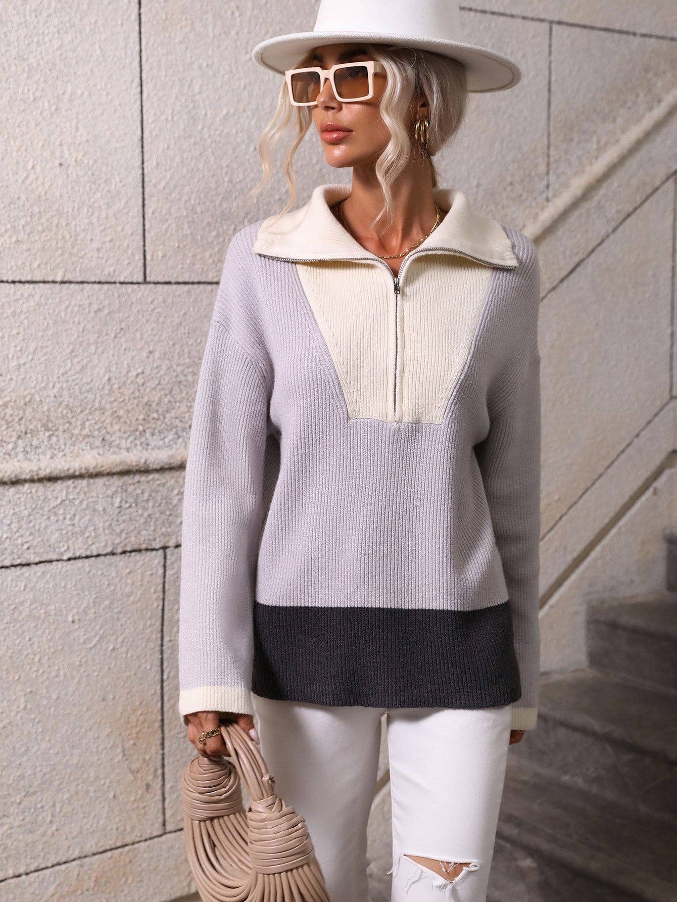 Color Block Half-Zip Dropped Shoulder Knit Pullover: Blue / M