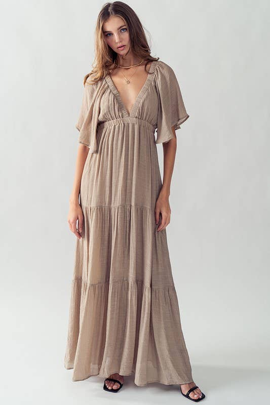 DEEP V NECK TIERED MAXI DRESS: BLACK