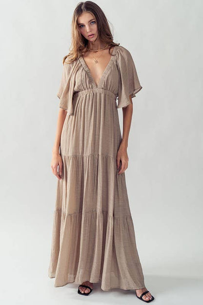 DEEP V NECK TIERED MAXI DRESS: BLACK