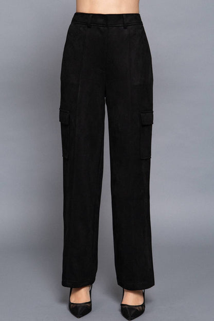 High Waist Straight Line Suede Cargo Pants