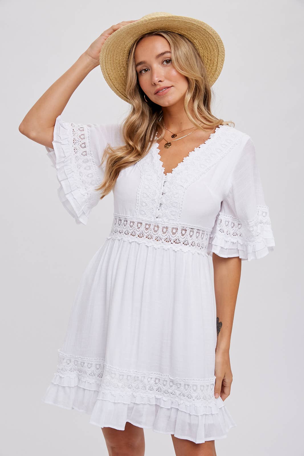 V-NECK LACE DRESS - Open Back with Tie Detail