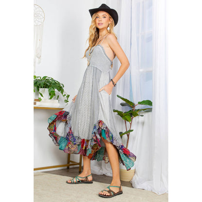 Sun-Kissed Patchwork: Smocked Bliss Boho Mid-Length Dress 