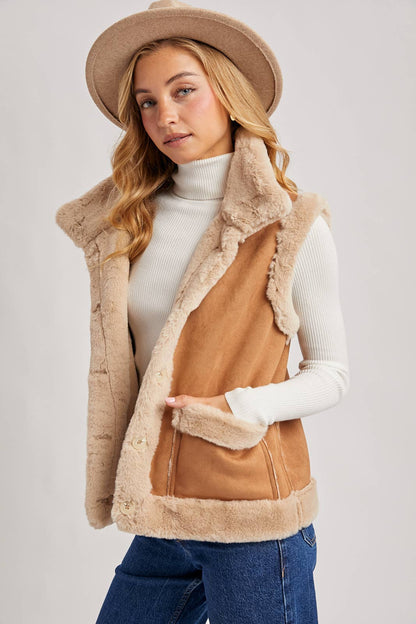 FAUX SUEDE WITH FAUX SHEARLING LINING TRIM VEST