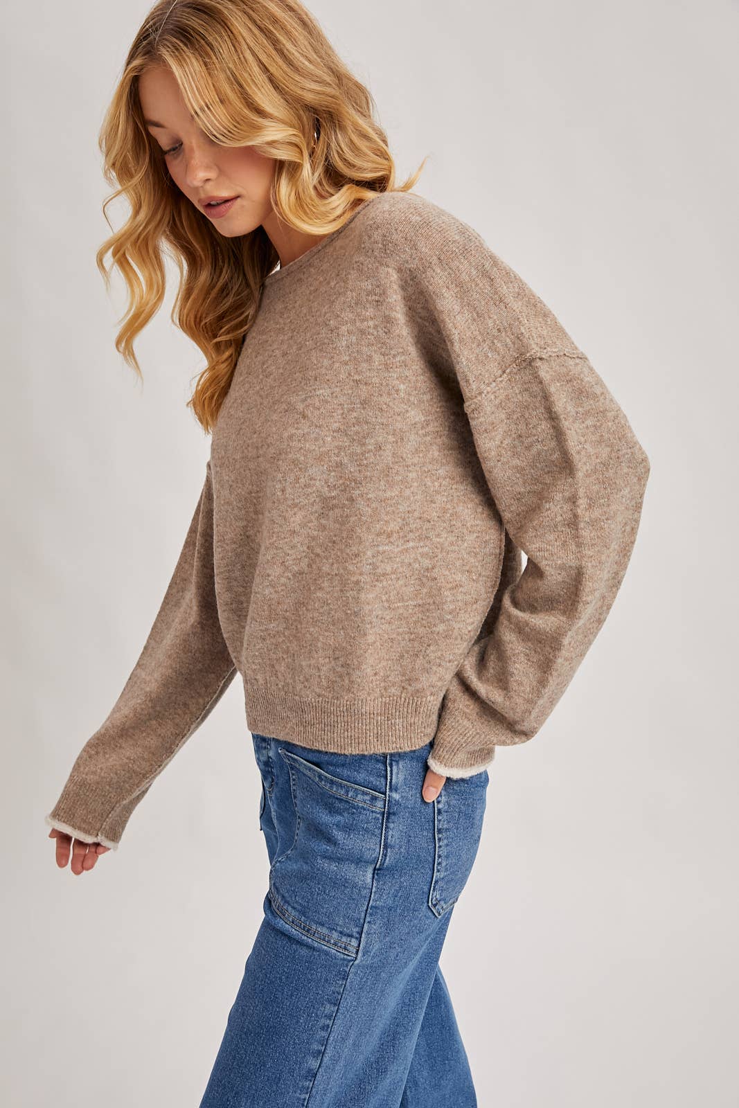 BOAT NECK ROLLED TRIM SOFT HEATHERED KNIT PULLOVER