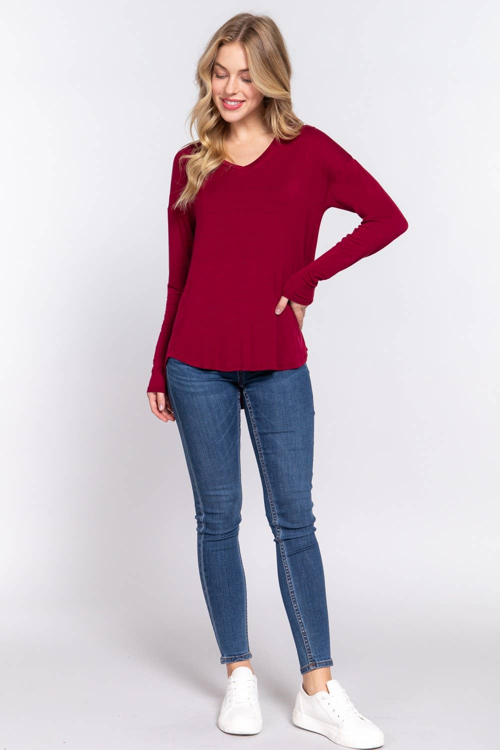 Long Dolman Sleeve V-neck Rayon Span Jersey Top