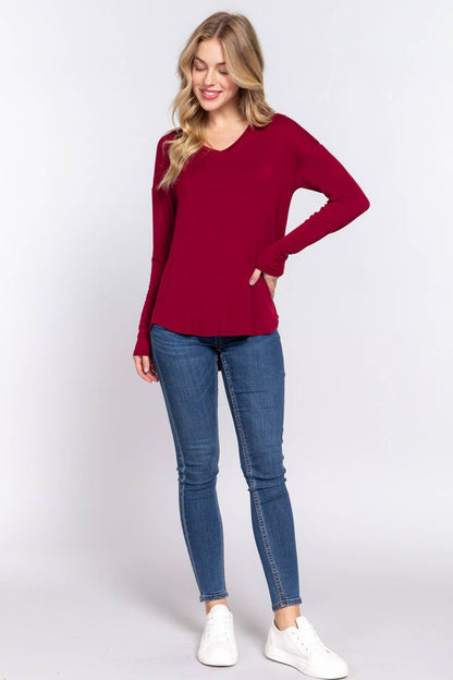 Long Dolman Sleeve V-neck Rayon Span Jersey Top