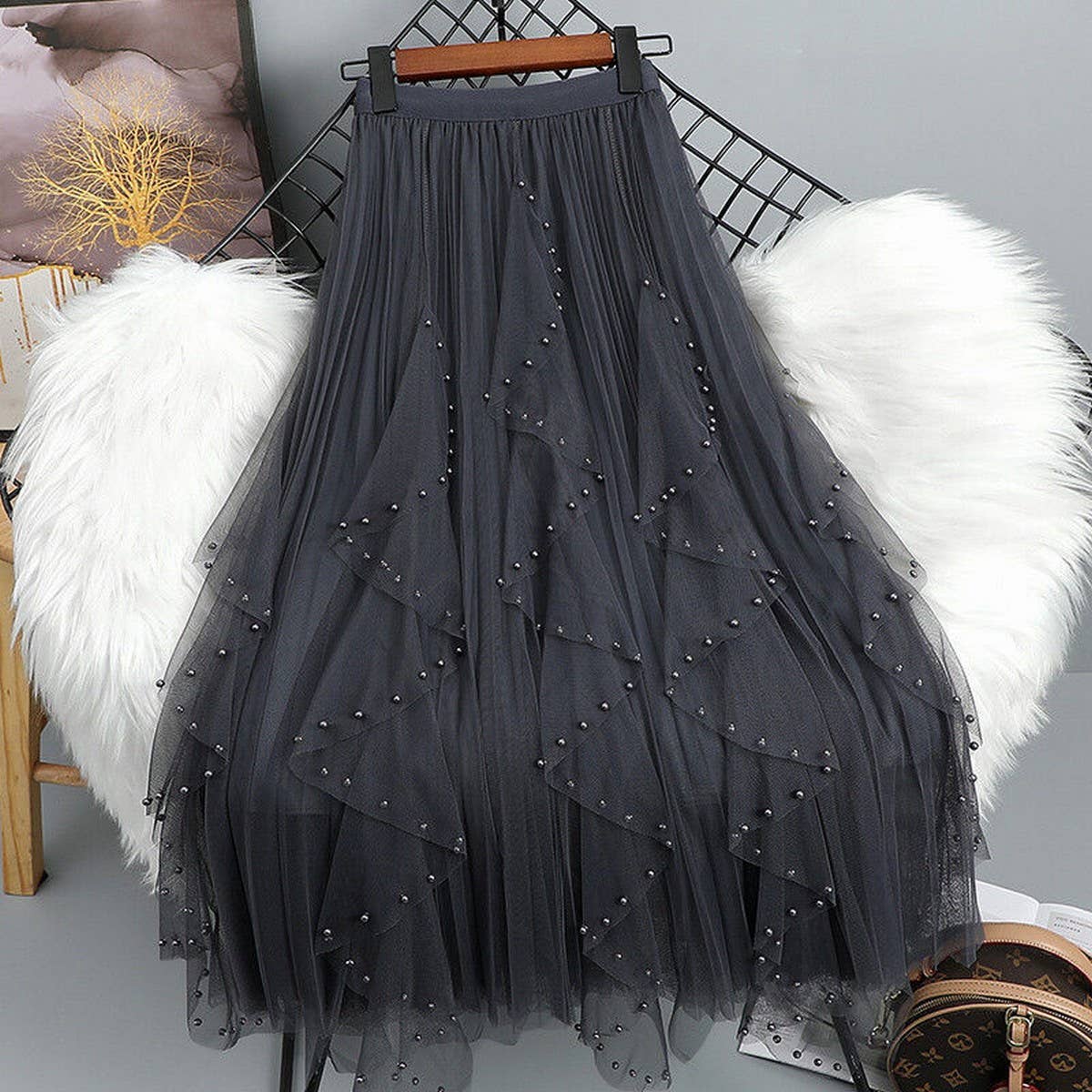 BEADED MESH PLEATED SKIRT A LINE TULLE SKIRT_CWBLS0398