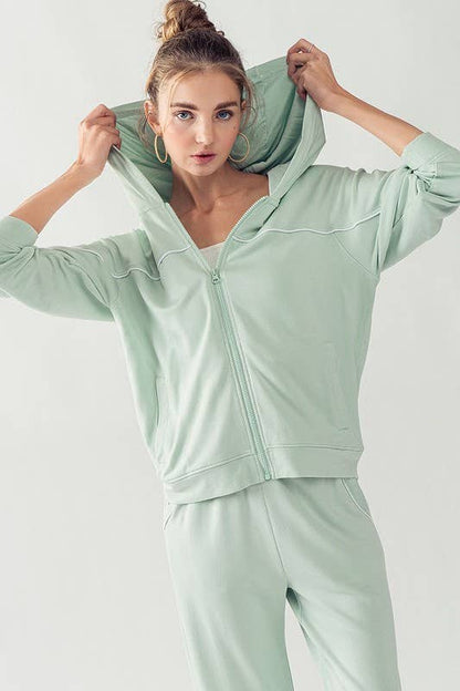 KJR11898 HOODED ZIP UP OUTER SEAM SWEATER: SURF SPRAY / S-2/M-2/L-2