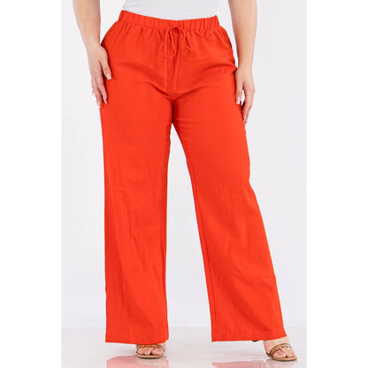 PLUS SIZE LINEN ELASTIC WAIST WIDE LEG PANTS: Black / 1X