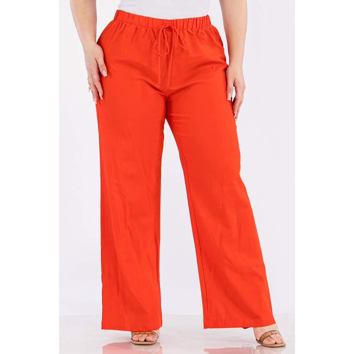 PLUS SIZE LINEN ELASTIC WAIST WIDE LEG PANTS: Black / 2X