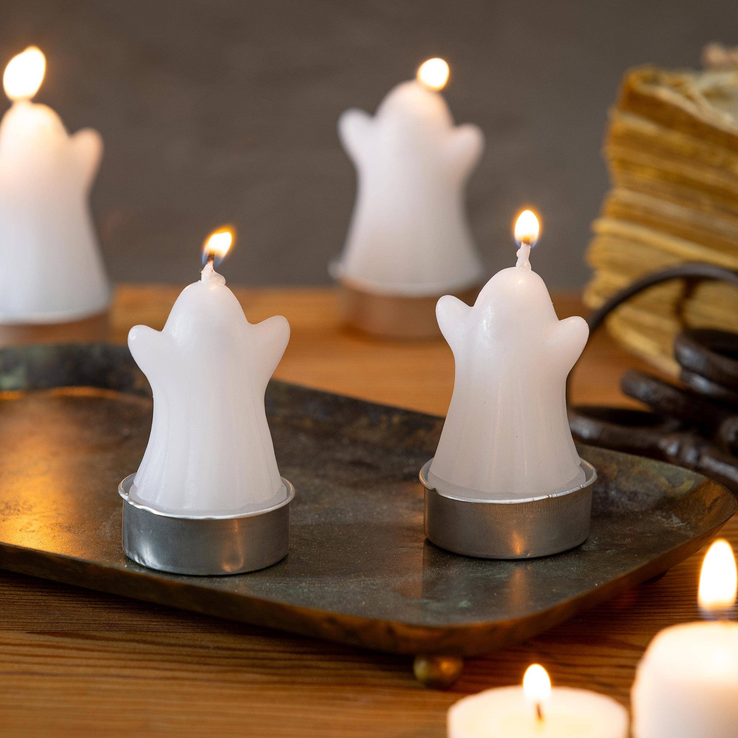 Happy Hauntings, Ghost Tealight Wax Candle, Set of 4