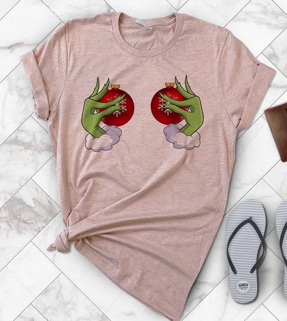 Grinch Boobs Ornament Balls - Christmas T-shirt: White / MD