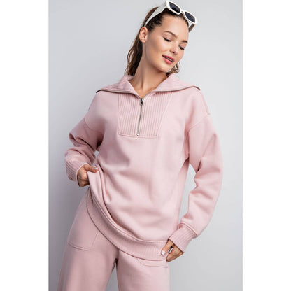 FRENCH TERRY RIBBED MOCK NECK PULLOVER: Sky Blue / L