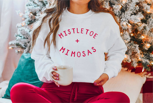 Mistletoe and Mimosas, Christmas Sweatshirt, Holiday Shirt: L / Red Text / Sport Grey
