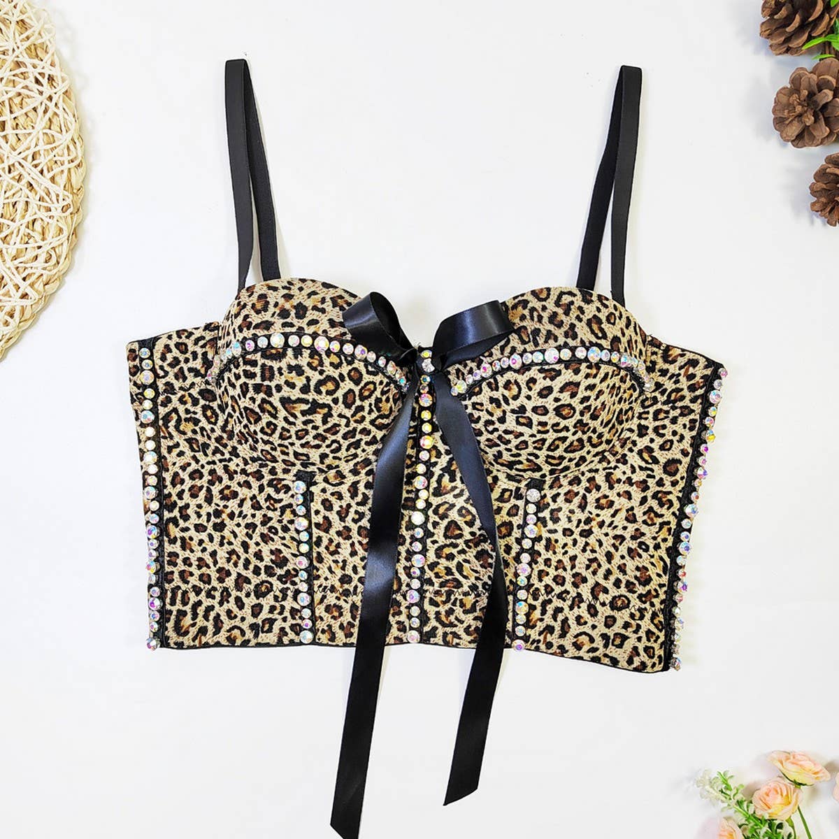 LEOPARD PRINT BOW HERRINGBONE BRA WITH RHINESTONES_CWMM4176