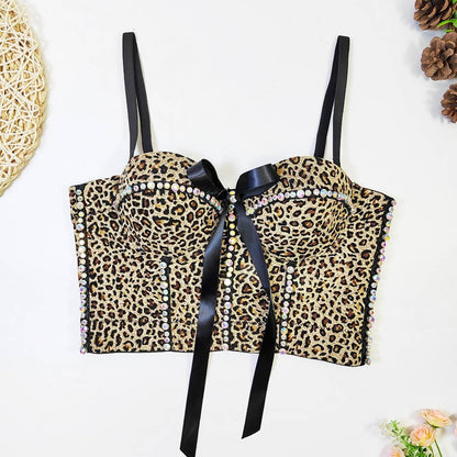 LEOPARD PRINT BOW HERRINGBONE BRA WITH RHINESTONES_CWMM4176