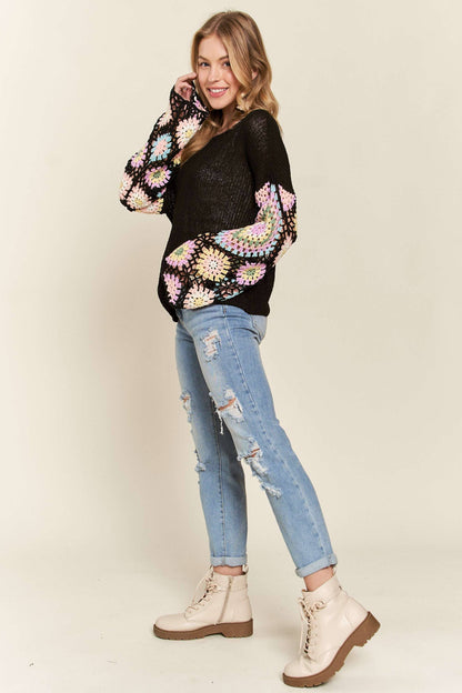 CESW3576 - MULTI COLOR CROCHET SLEEVE LOOSE TOP