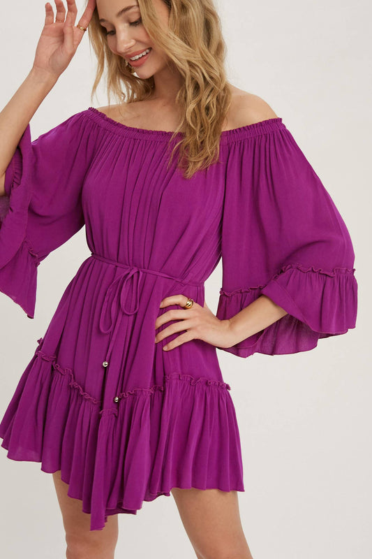 RUFFLED SOLID BOHO DRESS: ORCHID / M
