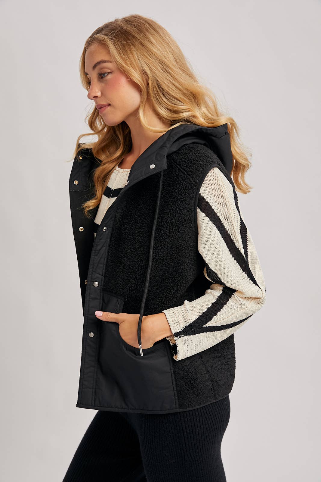 SHERPA FLEECE HOODED VEST WITH FAUX SUEDE INNER