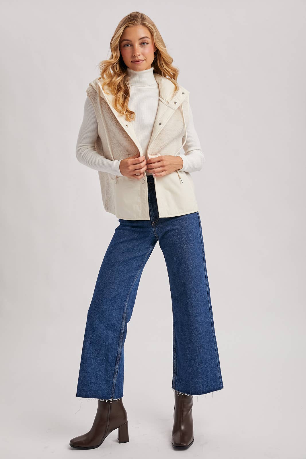 SHERPA FLEECE HOODED VEST WITH FAUX SUEDE INNER