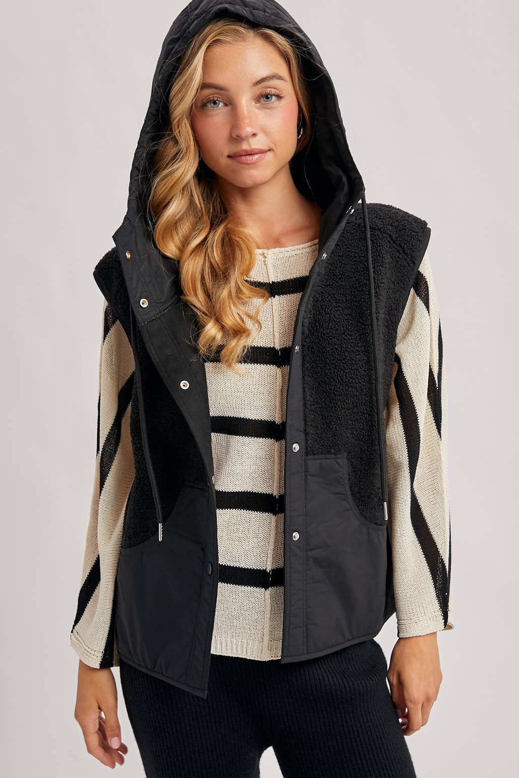 SHERPA FLEECE HOODED VEST WITH FAUX SUEDE INNER
