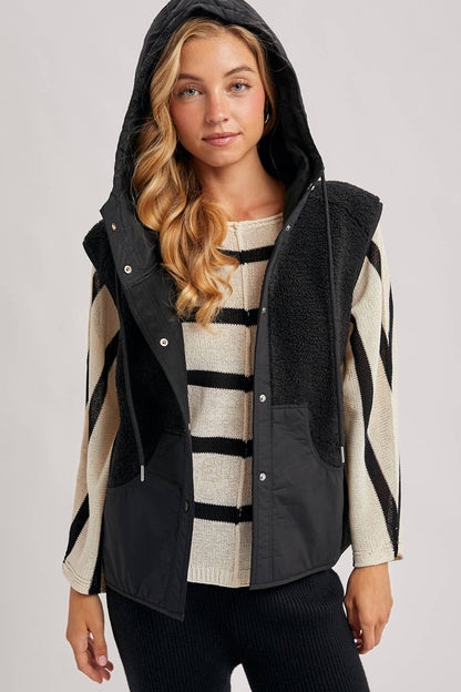 SHERPA FLEECE HOODED VEST WITH FAUX SUEDE INNER