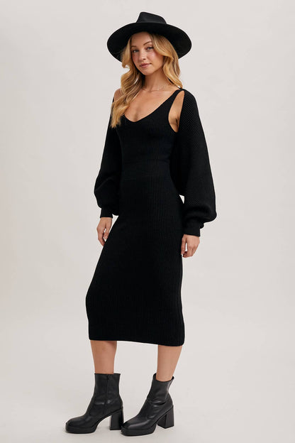 V-NECK KNIT MIDI DRESS AND KNIT SHRUG SET