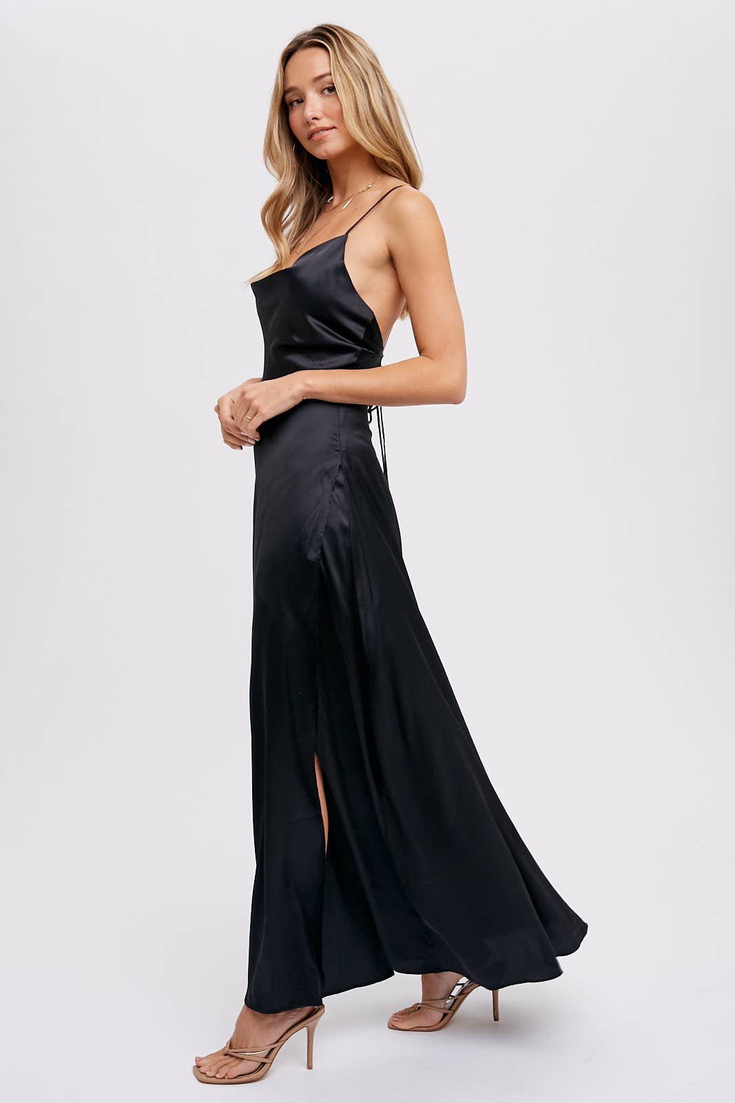 DRAPE NECK SILKY MAXI DRESS: HUNTER GREEN / M