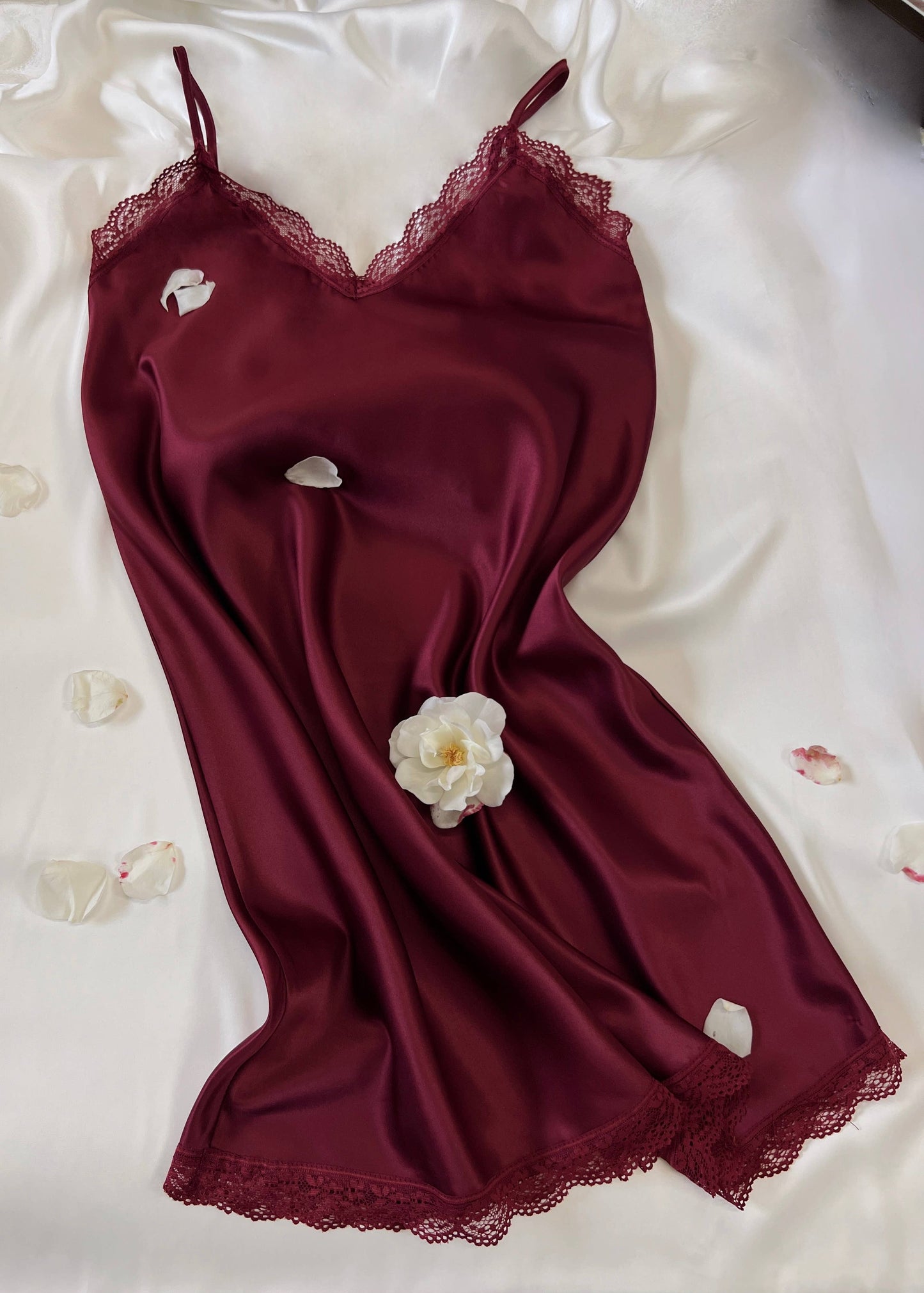 Burgundy Silky Nightgown with  Lace Embroidery