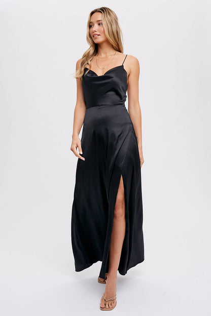 DRAPE NECK SILKY MAXI DRESS: PLUM / M