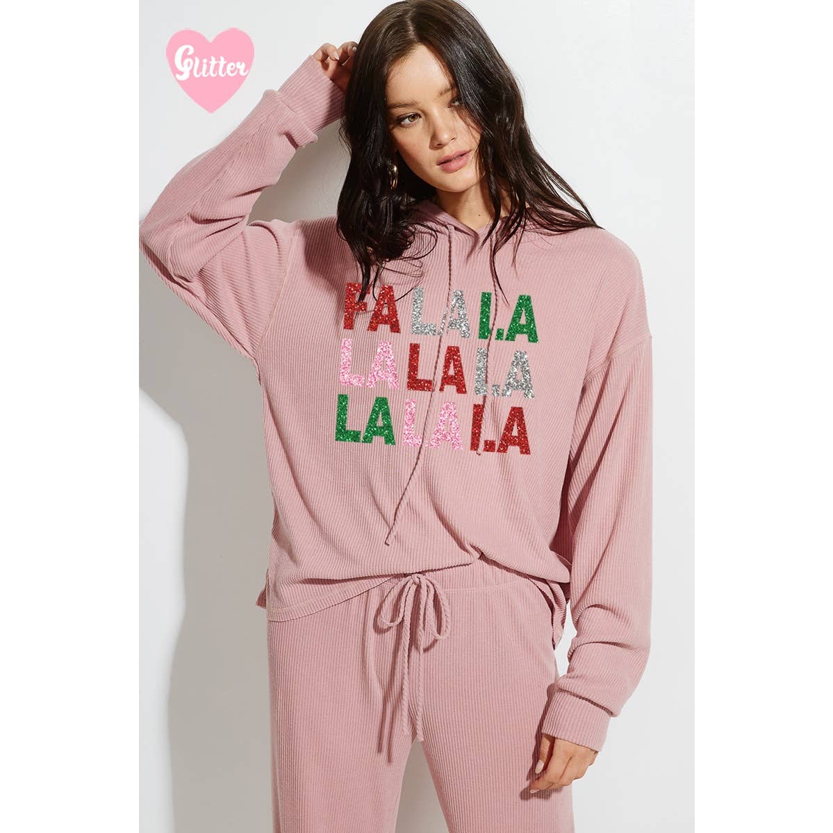 Falalala glitter print rib Hoodie loungewear set