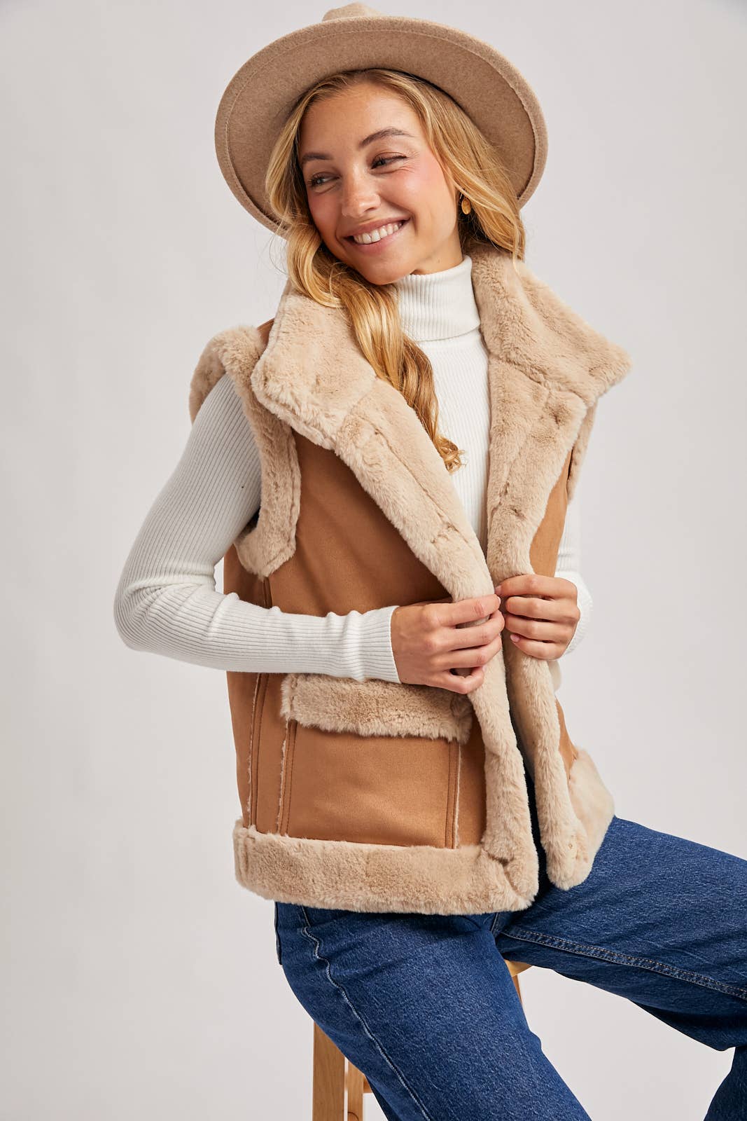 FAUX SUEDE WITH FAUX SHEARLING LINING TRIM VEST