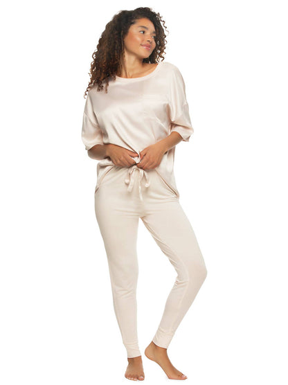 Elysees Satin Tee and Knit Jogger Set: Black (BLK) / XL