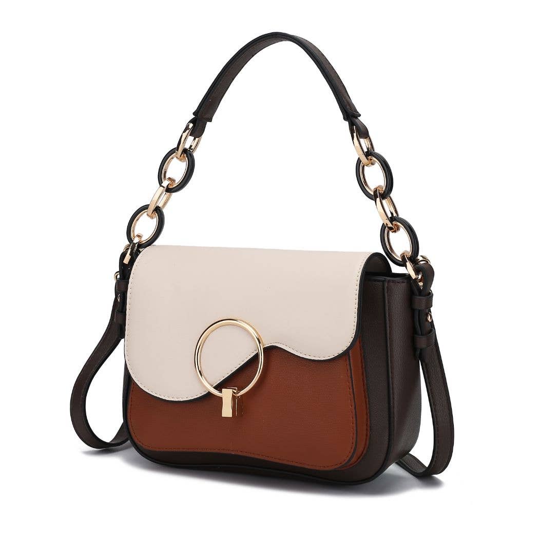 Fantasia Solid Crossbody Handbag Vegan Leather Women by Mia: Ivory-Cognac-Navy