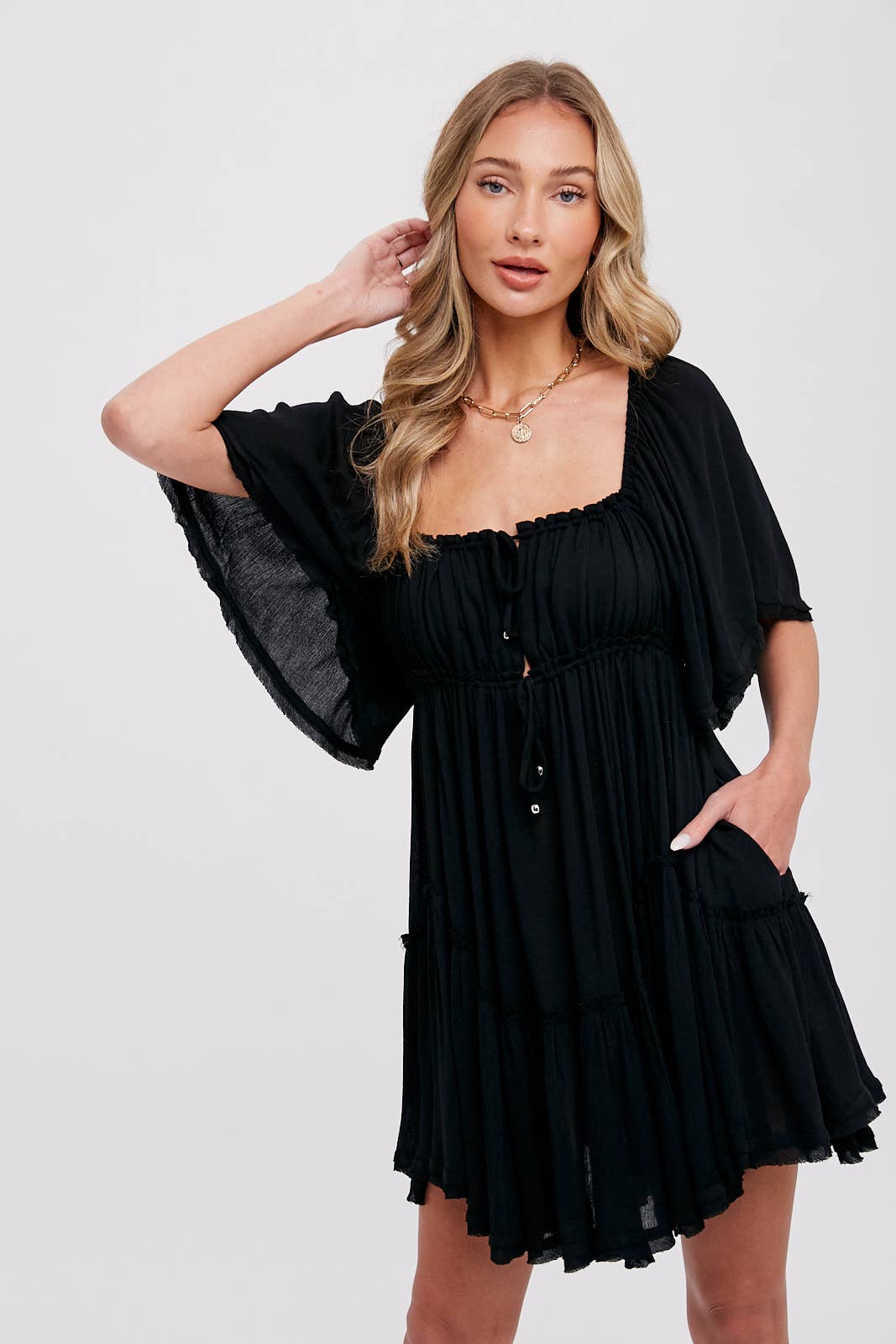 RUFFLE HEM  RUCHED MINI DRESS