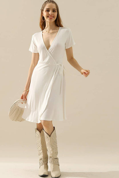CWDSD10372_V NECK CASUALSHORT SLEEVE WRAP DRESSES