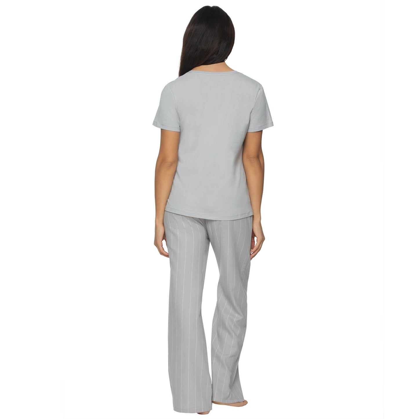 Mirielle Cotton Twill S/S V-neck and Pant PJ Set - Silver: Silver Sconce w White Pinstripe (SWP) / S
