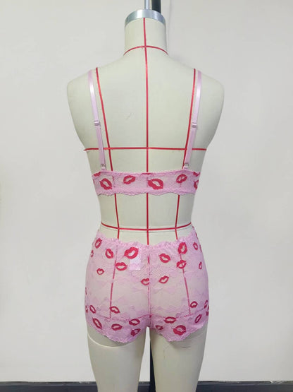 Sexy Red Lip Bow Bra Two-Piece Set