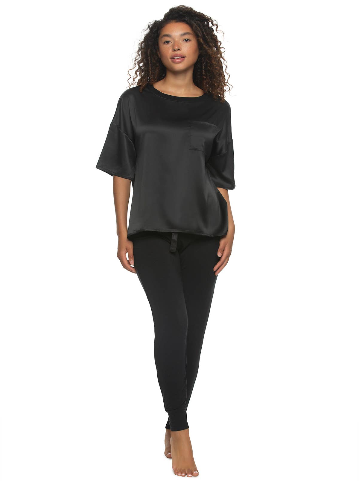 Elysees Satin Tee and Knit Jogger Set: Black (BLK) / XL