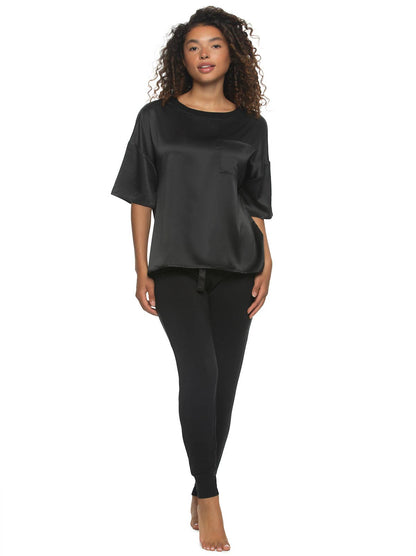 Elysees Satin Tee and Knit Jogger Set: Black (BLK) / XL
