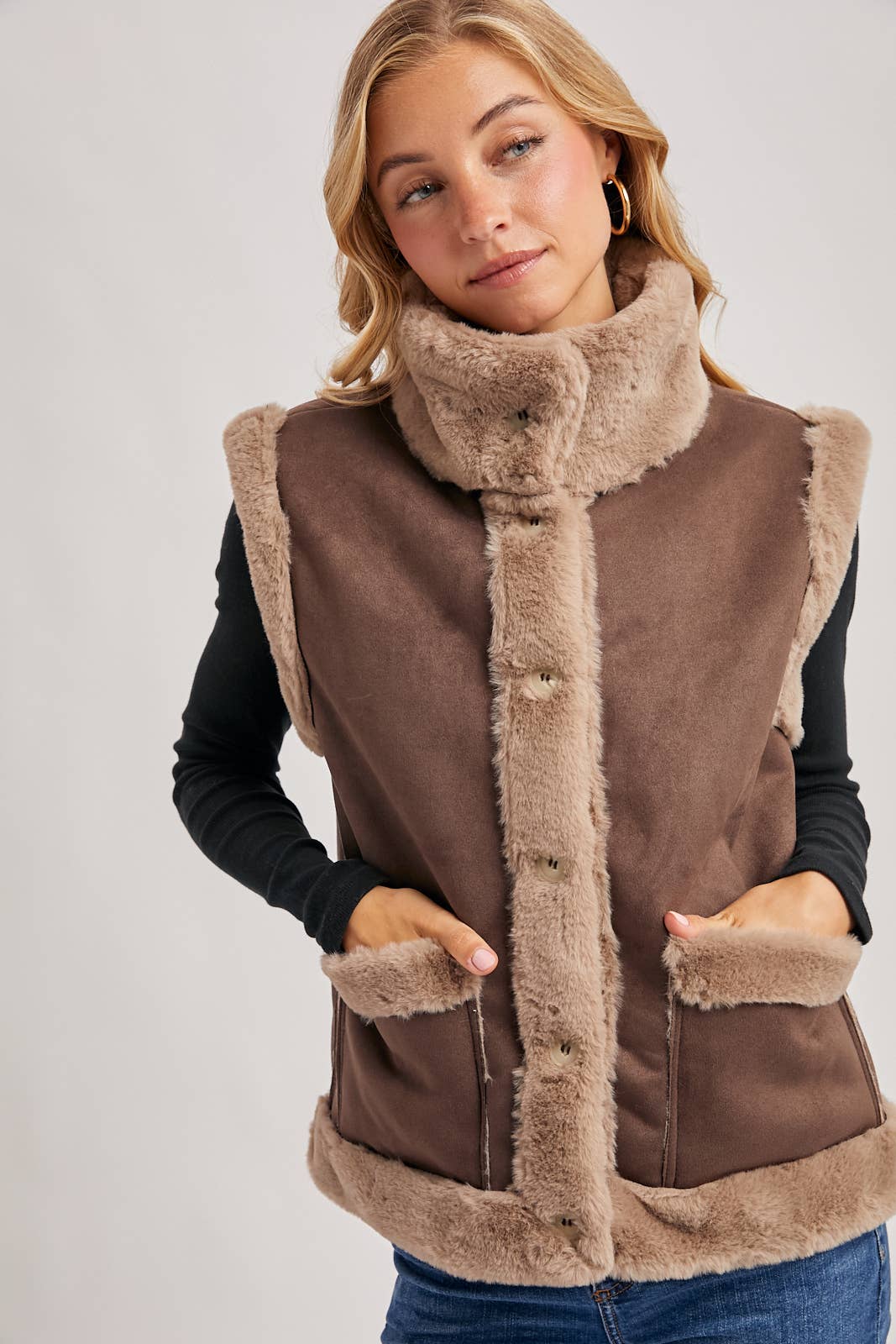 FAUX SUEDE WITH FAUX SHEARLING LINING TRIM VEST