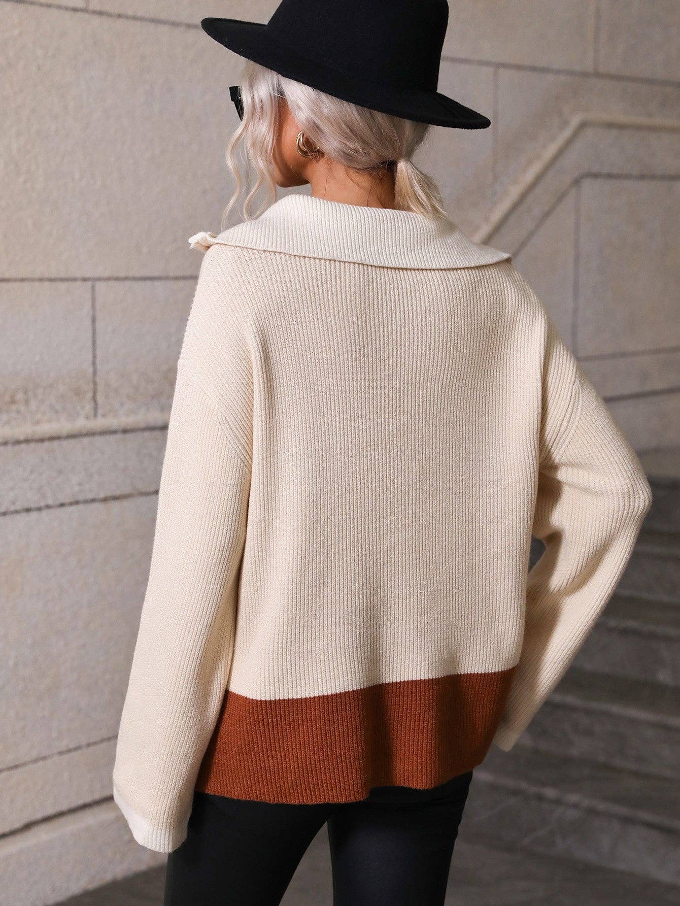Color Block Half-Zip Dropped Shoulder Knit Pullover: Blue / L
