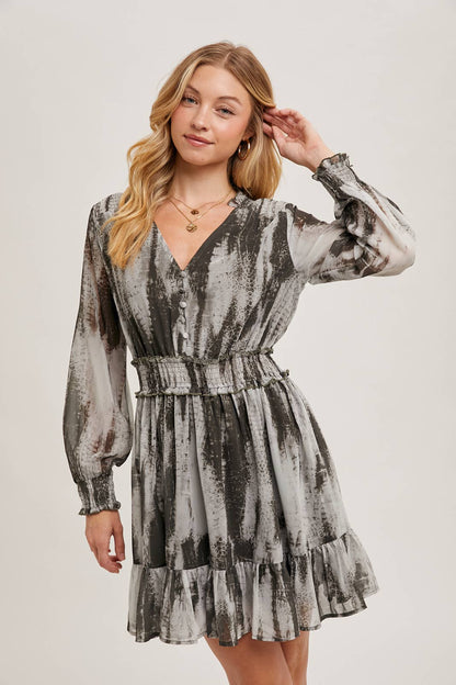 ANIMAL PRINT LONG SLEEVED V-NECK MINI DRESS