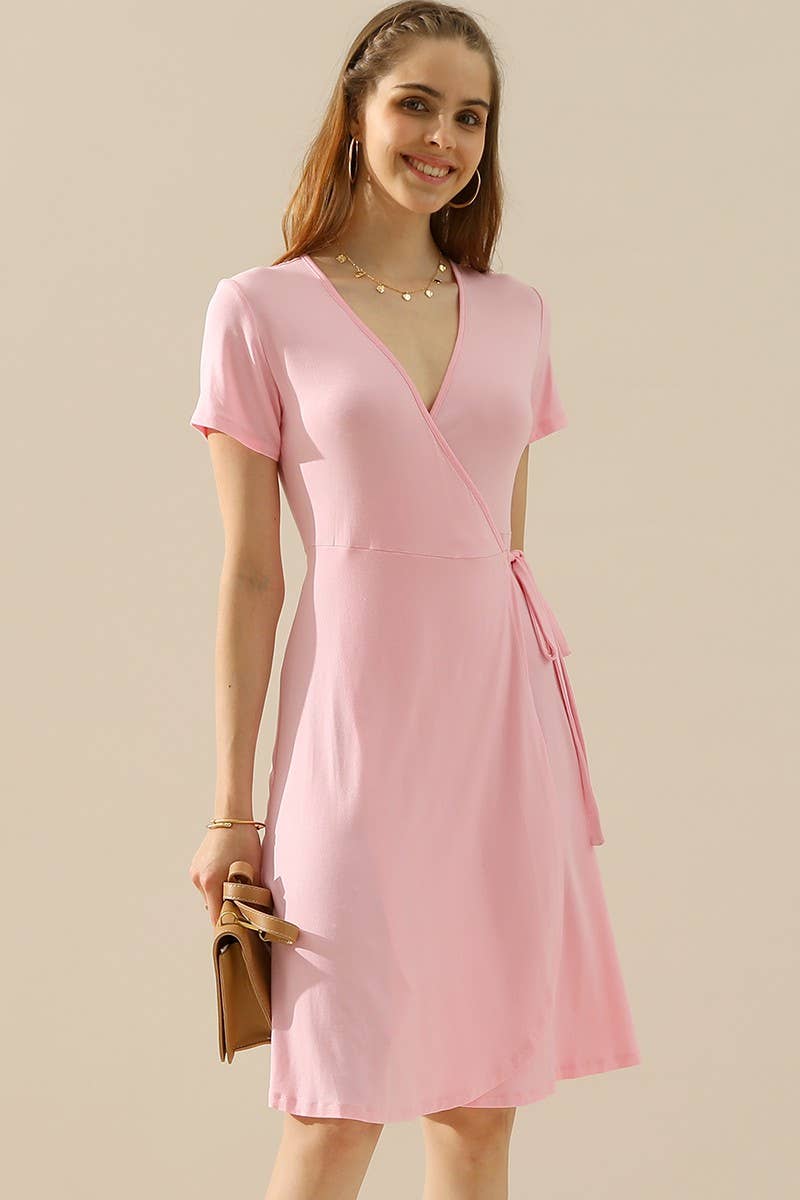 CWDSD10372_V NECK CASUALSHORT SLEEVE WRAP DRESSES